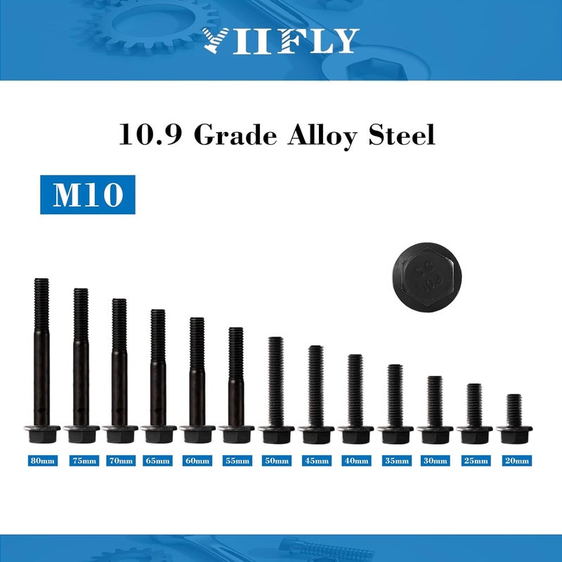 YIIFLY M10 x 65mm Flanged Hex Head Bolts Flange Hexagon Screws, M10x1.5 Bolt, 10.9 Grade Alloy Steel, Hexagon Head Bolts, Black Oxide Finish, Half Thread, Quantity 6 - Image 2
